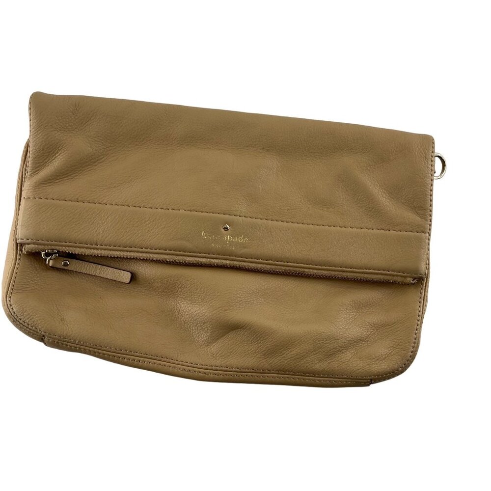 Kate Spade Fold Over Zipper Clutch Handbag Camel‎ Tan Leather